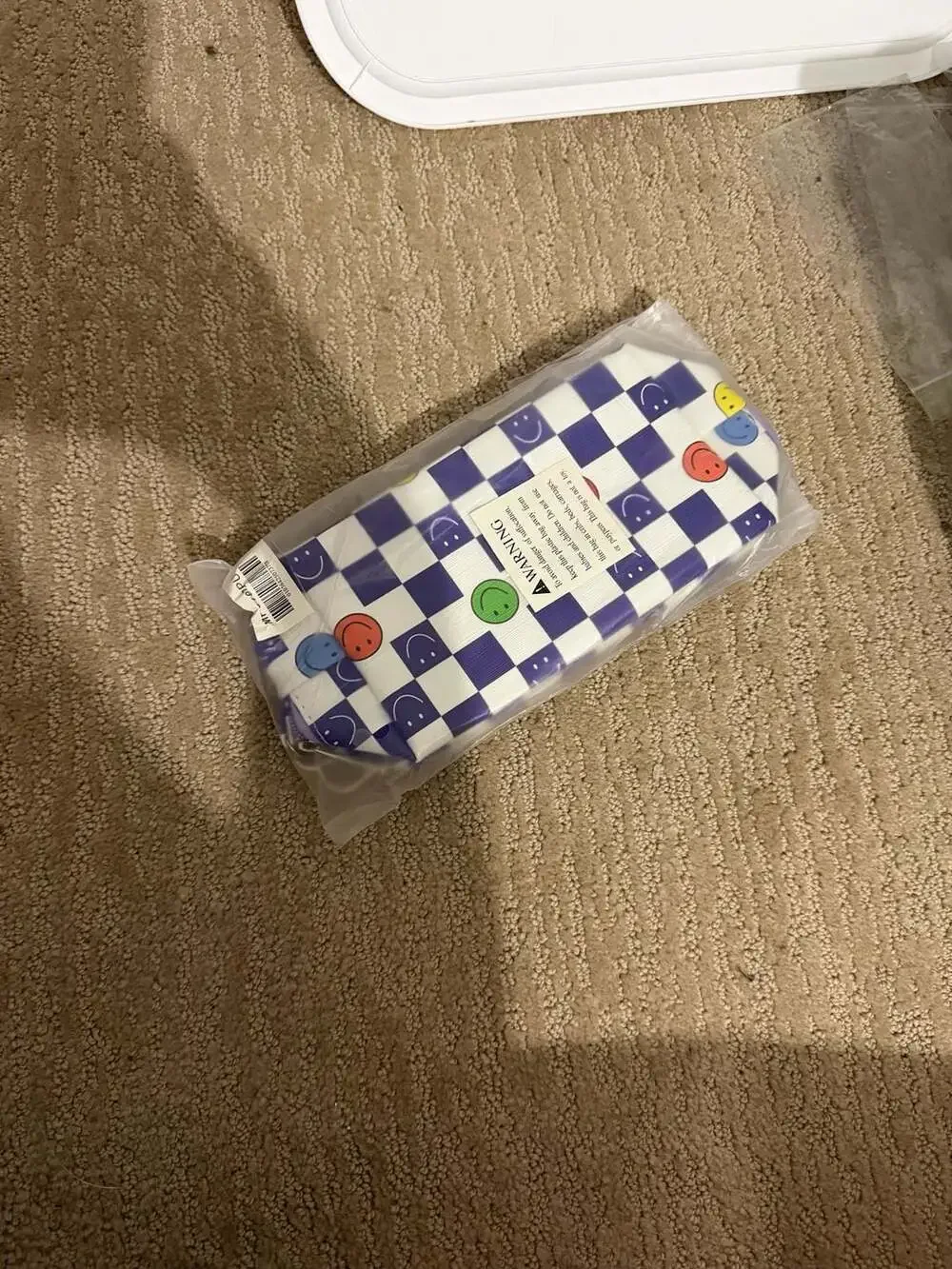 Purple and White Checkered Smiley Face Cosmetic Pouch Wristlet